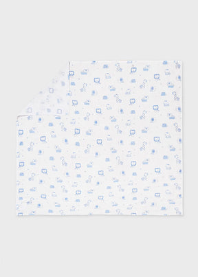 White muslin baby swaddle with pale blue safari animal print, full view