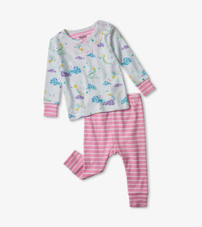 Hatley Sweet Dreams baby pajama set with pastel cloud-print top and pink striped pants, front view