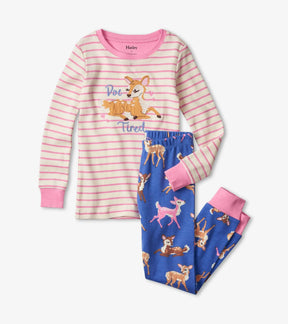 Hatley Sweet Fawns girls pajama set with striped appliqué top and blue deer-print pants