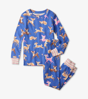 Hatley Sweet Fawns girls pajama set in blue deer print with pink-striped cuffs, front product view