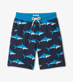 Hatley Swimming Sharks navy cotton terry shorts with aqua waistband, front view