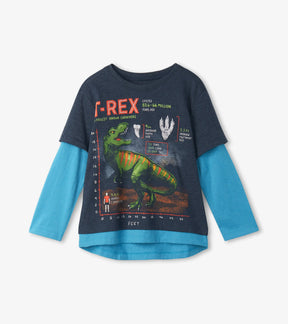 Hatley T-rex boys navy fooler tee with bright-blue sleeves and science graphic, front view