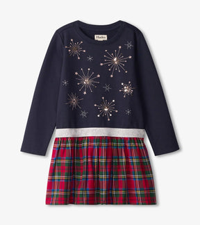 Front of Hatley Tartan Fun dress with navy starburst top, contrast waistband and red plaid skirt