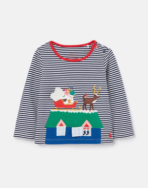 Joules Tate Navy Stripe Festive Sleigh T-Shirt: front view with festive rooftop scene