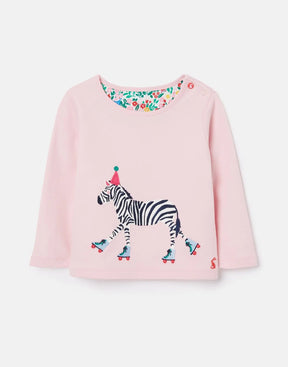 Joules Tate Pink Roller-Skating Zebra T-Shirt: front view with roller-skating zebra