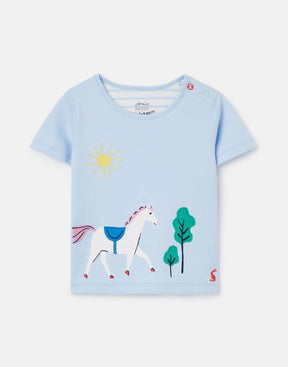 Joules Tate Light Blue Horse Scene T-Shirt: front view with horse and sunshine