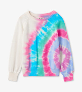 Hatley girls white pullover with pink aqua mint tie-dye burst, front view