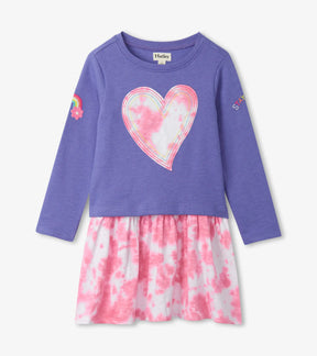 Hatley girls purple long-sleeve drop-waist dress with pink tie-dye heart and skirt, front view