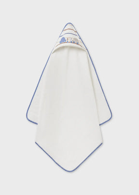 Ivory hooded baby towel with blue piping and train embroidery, full view