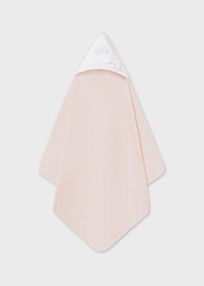 Blush pink hooded baby towel with white floral hood, full view