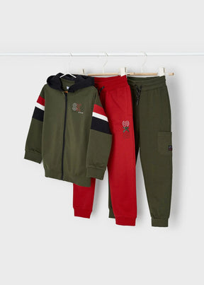 Olive zip hoodie with matching olive joggers and red alternate joggers