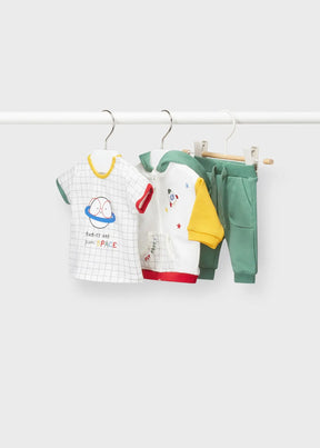 Space-themed newborn boy T-shirt, hoodie and green joggers on hangers