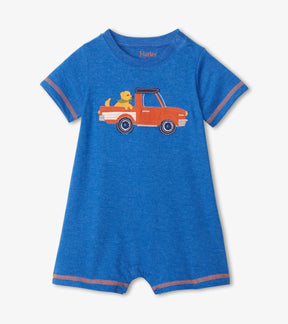 Hatley blue Traveling Pup baby romper with vehicle appliqué, front view