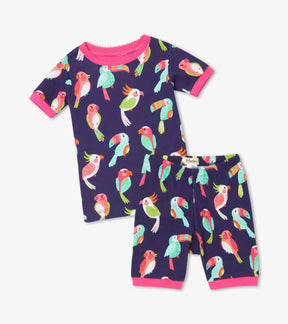 Hatley Tropical Birds navy short pajama set with colorful birds and bright pink trim