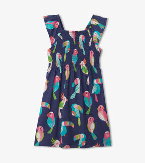 Hatley navy Tropical Birds smocked dress with colorful parrots, front view