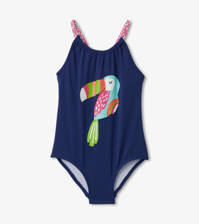Front view of Hatley navy Tropical Birds swimsuit with colorful toucan graphic