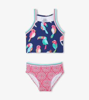 Front view of Hatley Tropical Birds tankini with navy bird top and pink bottoms