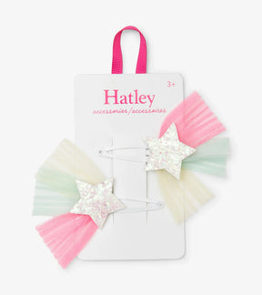 Two Hatley white snap clips with glitter stars and pink, mint and pale yellow tulle on a display card.