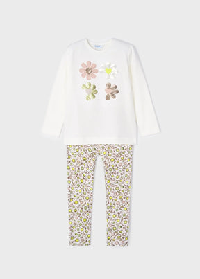 Front view of ivory flower top and floral leggings Mayoral two-piece set