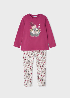 Front view of frambuesa graphic top and dog-print leggings Mayoral set