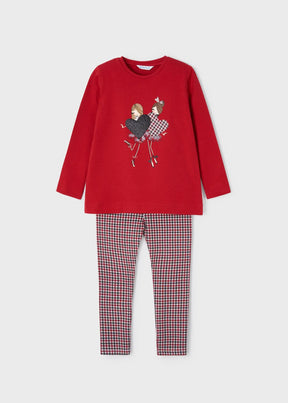 Front view of red graphic top and check leggings Mayoral two-piece set