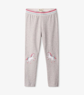 Front of Hatley gray Unicorn Fun Waist leggings with unicorn knee details and striped waistband