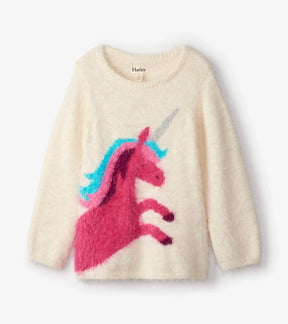 Front of Hatley cream Unicorn Graphic Sweater with a pink unicorn, turquoise mane, silver-tone horn and fuzzy knit.