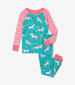 Front view of Hatley Unicorn Party pajamas with aqua unicorn print, pink striped raglan sleeves and matching pants.