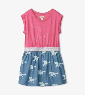 Hatley girls hot-pink and blue unicorn dress with silver glitter waist, front view