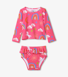 Hatley Unicorns & Rainbows baby rashguard set with pink long-sleeve top and ruffle bottom