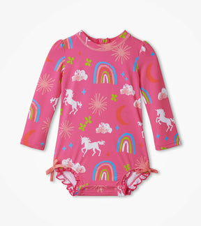 Front view of Hatley pink Unicorns & Rainbows baby rashguard swimsuit with long sleeves
