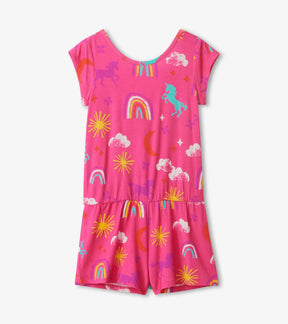 Hatley pink Unicorns and Rainbows short romper, front view