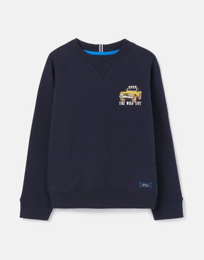 Joules Ventura Navy Off-Road Truck Sweatshirt: front view with small yellow truck at chest
