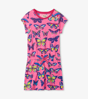 Hatley Vibrant Butterflies bright-pink drop-waist dress with front pockets, front view