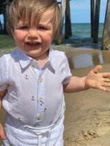 Vintage anchor print white short sleeved woven onesie | Me & Henry - Me & Henry