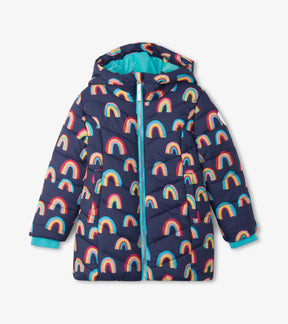 Hatley navy girls puffer jacket with colorful rainbow print and turquoise trim, front view