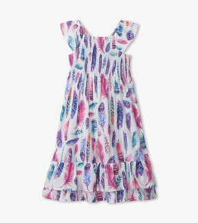 Hatley girls white maxi dress with colorful feather print, smocked bodice and ruffle hem, front view
