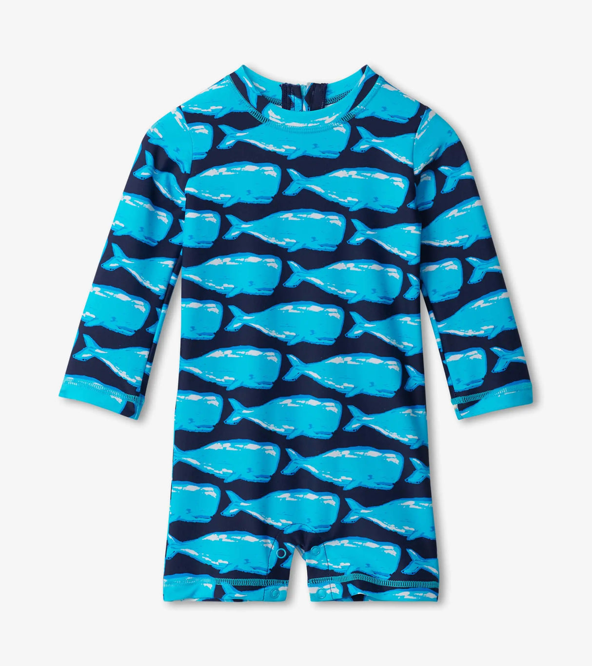 Front view of Hatley Whale Pod baby boy one-piece rashguard swimsuit in blue with allover whale print and long sleeves baby rashguard swimsuit