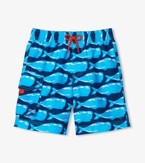 Hatley boys navy Whale Pod board shorts with turquoise whales, red drawcord and cargo pocket, front view