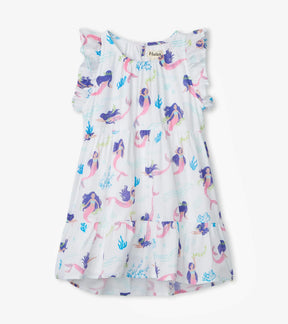 Hatley white Whimsical Mermaids tiered dress with ruffle sleeves, front view