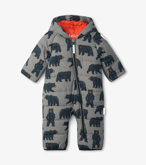 Hatley grey puffer baby winter bundler with black bear print and orange hood lining, front view