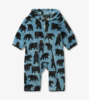 Hatley light blue fuzzy fleece baby bundler with black bear print, hood and full zipper