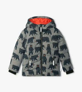 Hatley boys gray hooded puffer jacket with black bear print and orange lining, front view