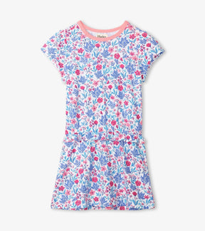 Front view of Hatley Wild Flowers white cotton dress with pink and blue floral print