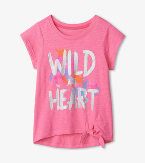 Front view of Hatley pink Wild at Heart graphic tee with short sleeves and side tie