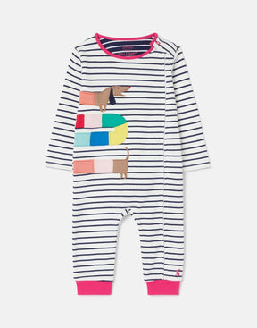 Joules Winfield Stripe Dog Romper with Pink Trim: front view with stacked multicoloured dogs