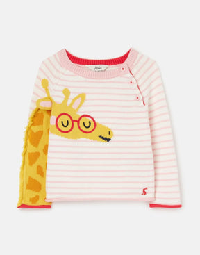 Joules Winnie Pink Stripe Giraffe Sweater: front view with giraffe wearing glasses