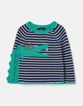 Joules Winnie Navy Stripe Crocodile Sweater: front view with glasses-wearing crocodile