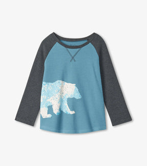 Hatley boys ice-blue Winter Bear cotton raglan tee with charcoal long sleeves, front view