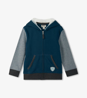 Hatley dark blue Winter Stripes zip hoodie with grey sleeves, front pocket and white hood lining, front view